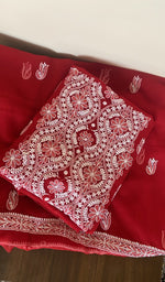 Folded red faux georgette kurta, gala and neckline work
