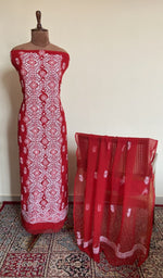 Red faux georgette set on the mannequin with its dupatta