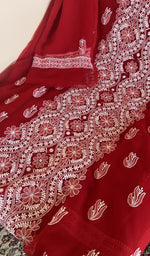 Red faux georgette kurta, close view of the embroidery