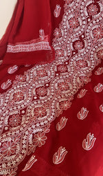 Fine chikankari on panel on the red faux georgette
