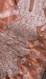 Fine chikankari on panel and motifs on the peach faux georgette