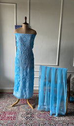 Load image into Gallery viewer, turquoise faux georgette chikankari 3 pc unstitched suit set on mannequin