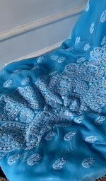 Load image into Gallery viewer, gala and front chikankari on turquoise faux georgette