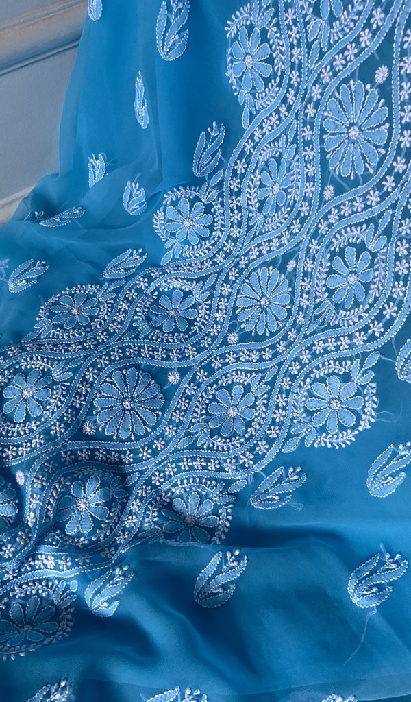 fine chikankari on turquoise faux georgette