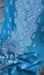 Load image into Gallery viewer, close view of the hand embroidery, turquoise faux georgette