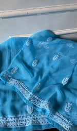 Load image into Gallery viewer, border and hem work on turquoise faux georgette