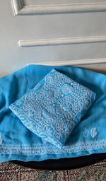 Load image into Gallery viewer, turquoise faux georgette chikankari 3 pc unstitched suit set, folded
