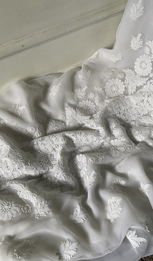 gala and front chikankari on white faux georgette