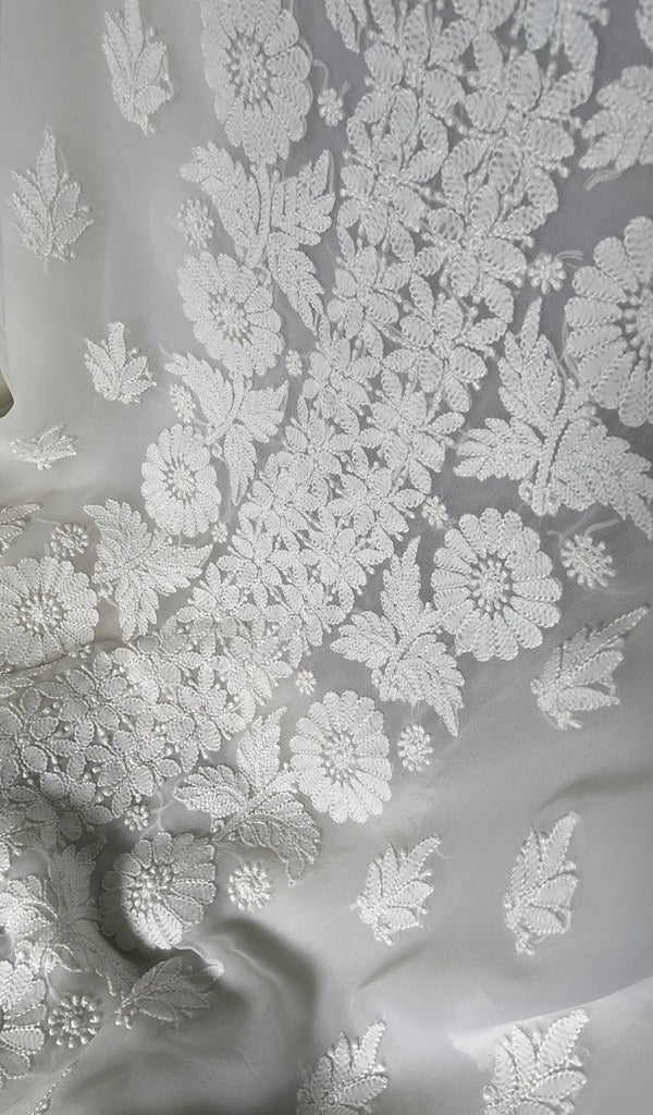 fine chikankari on white faux georgette