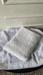 Load image into Gallery viewer, white faux georgette chikankari 3 pc unstitched suit set, folded