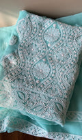 Rifq — Aqua Faux Georgette Chikankari 3 Pc Unstitched Suit Set