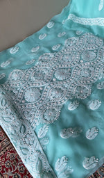 Aqua faux georgette kurta, close view of the embroidery