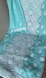 Stitch detail on the aqua faux georgette kurta