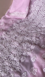 Fine chikankari on panel and motifs on the lilac faux georgette