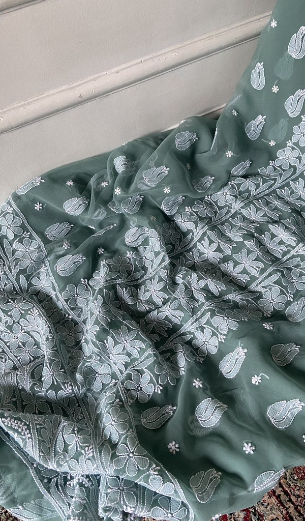 gala and front chikankari on sage green faux georgette