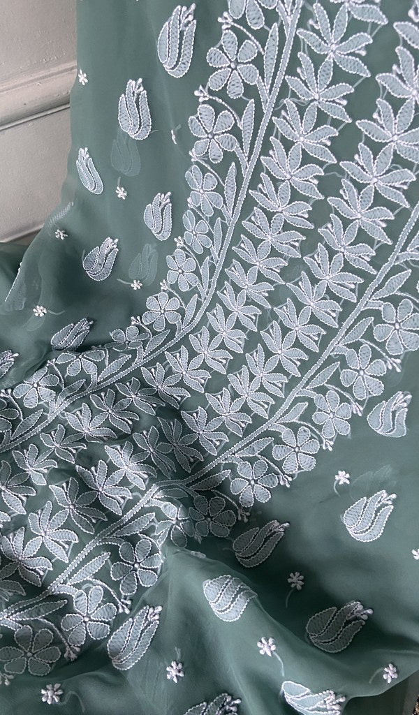 fine chikankari on sage green faux georgette