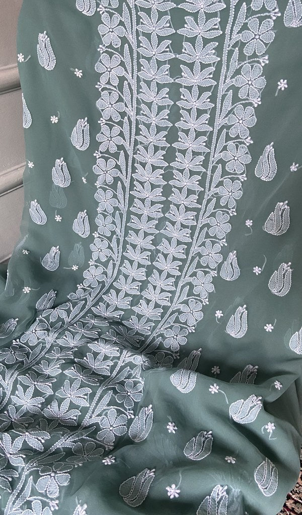close view of the hand embroidery, sage green faux georgette