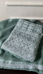 Load image into Gallery viewer, sage green chikankari set folded, worked panel on top