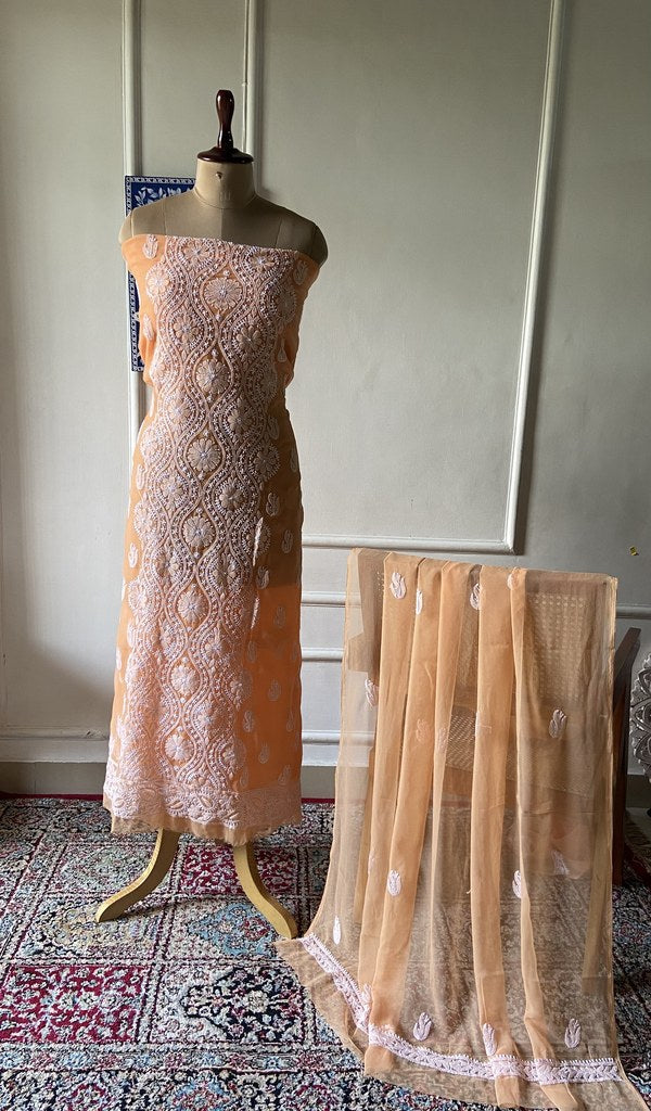 peach faux georgette chikankari 3 pc unstitched suit set on mannequin