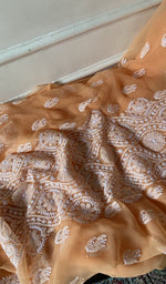Load image into Gallery viewer, gala and front chikankari on peach faux georgette