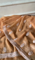 Load image into Gallery viewer, border and hem work on peach faux georgette
