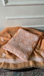 Load image into Gallery viewer, peach faux georgette chikankari 3 pc unstitched suit set, folded