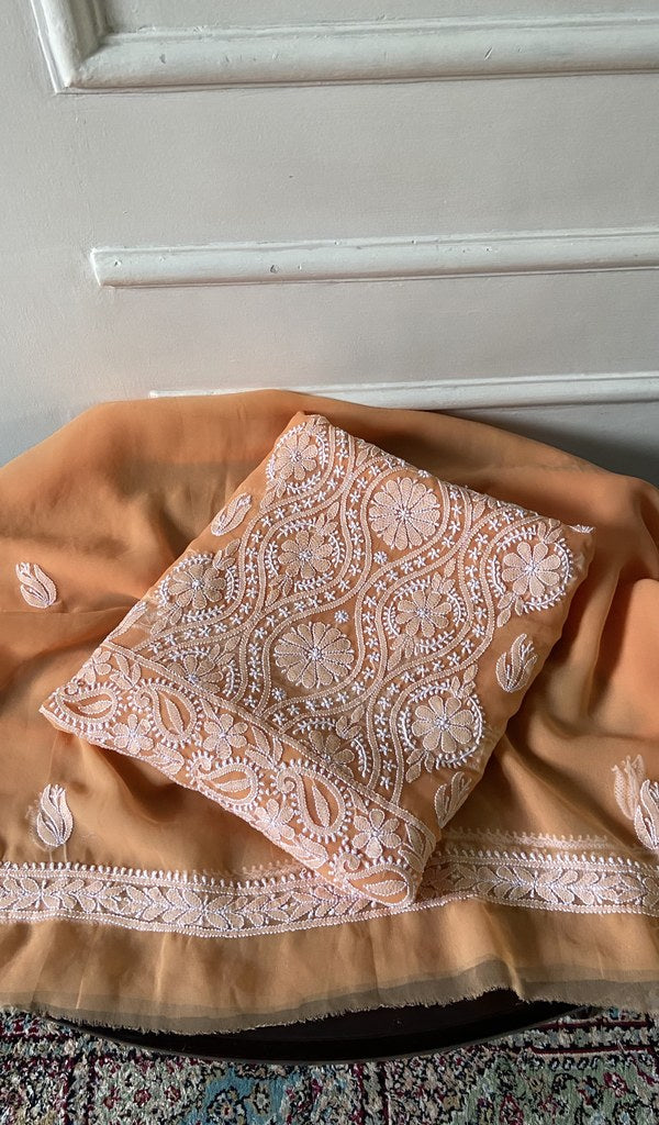 peach faux georgette chikankari 3 pc unstitched suit set, folded