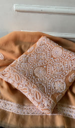 Load image into Gallery viewer, peach chikankari set folded, worked panel on top
