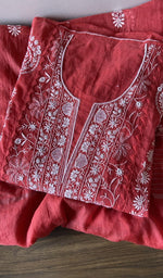Folded red mul chanderi kurta, front view