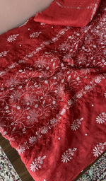 Red mul chanderi kurta, close view of the embroidery