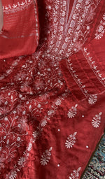 Fine chikankari on panel with daraz work on the red mul chanderi