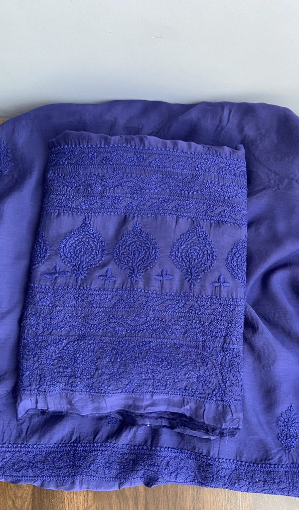 Folded indigo muslin kurta, gala and neckline work