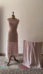 Purple pure mul chanderi chikankari suit set on the mannequin with its dupatta