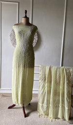 Load image into Gallery viewer, Pale Lime suit set on the mannequin with its dupatta
