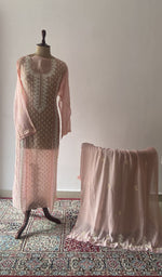 Peach pure mul chanderi chikankari suit set on the mannequin with its dupatta