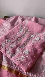 Load image into Gallery viewer, Pink pure mul chanderi kurta piece folded, fine chikankari in view