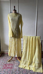 Load image into Gallery viewer, yellow pure mul chanderi chikankari 3 pc semi-stitched anarkali suit set on mannequin