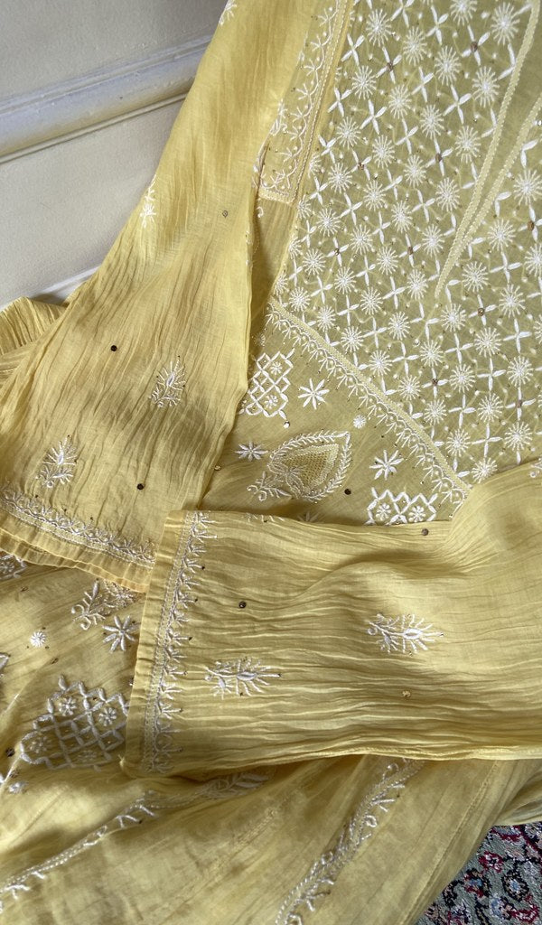fine chikankari on yellow pure mul chanderi