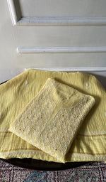 Load image into Gallery viewer, yellow pure mul chanderi chikankari 3 pc semi-stitched anarkali suit set, folded