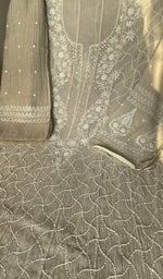 Fine front and back jaaldar chikankari anarkali on the beige mul chanderi