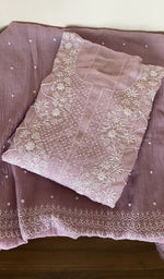 Folded dusty lilac mul chanderi kurta, gala and neckline work