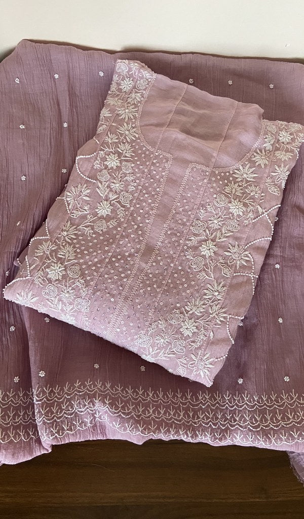 Folded dusty lilac mul chanderi kurta, gala and neckline work