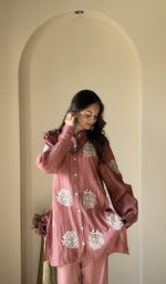 Dusty Rose pure mul chanderi co-ord set on the model