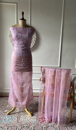 将图像加载到图库查看器中， Dusty pink organza chikankari suit set on the mannequin, dupatta alongside