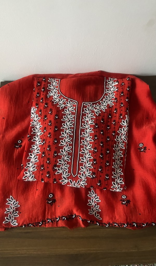 Saziya — Red Pure Mul Chanderi Chikankari 2 Pc Semi-Stitched Suit Set
