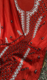 Sleeve work on red pure mul chanderi