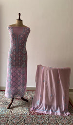 Pink pure mul chanderi chikankari suit set on the mannequin with its dupatta