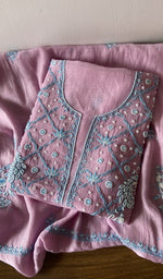 Folded kurta piece and dupatta, chikankari in blue thread along the hem