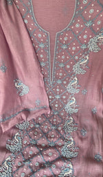 Sleeve work in blue thread on pink pure mul chanderi
