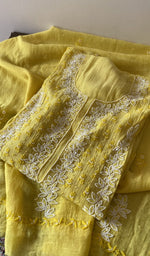 Load image into Gallery viewer, Yellow pure mul chanderi kurta piece folded, fine chikankari in view
